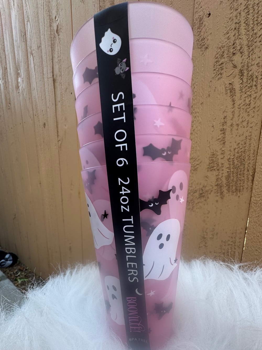 NWT set of 6 tumblers 24oz ea Pink Halloween Theme with ghosts & bats on them